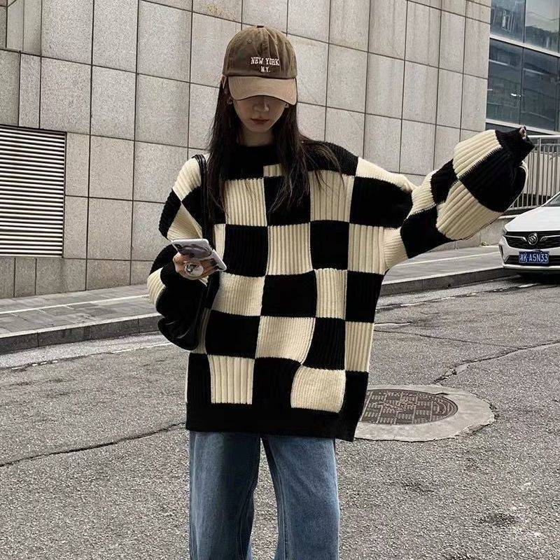 棋盘格子圆领毛衣女潮冬季2026新款大码女装宽松显瘦针织上衣遮肉详情图