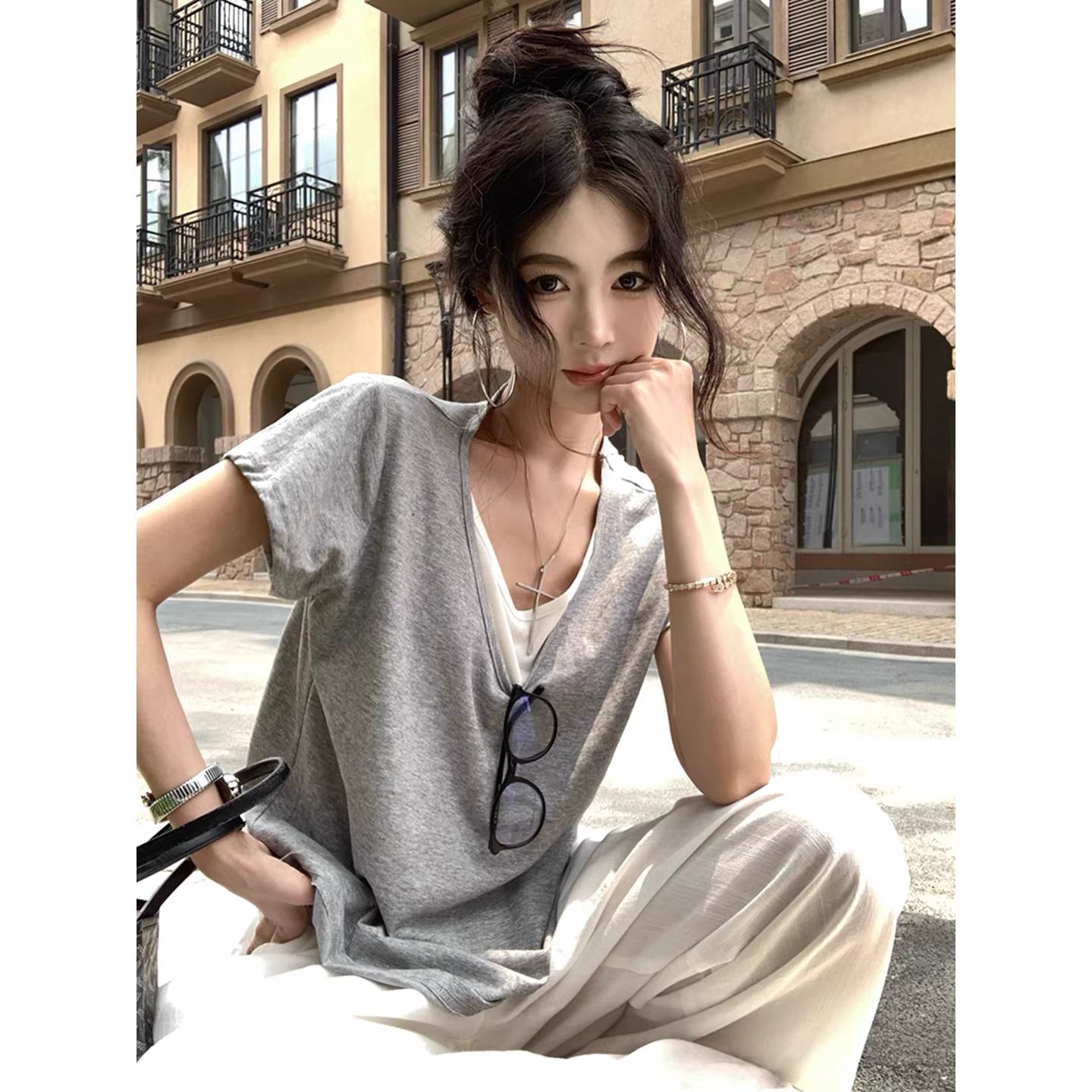 假两件V领短袖T恤女2026新款夏季胖mm大尺码宽松慵懒松弛感穿详情图