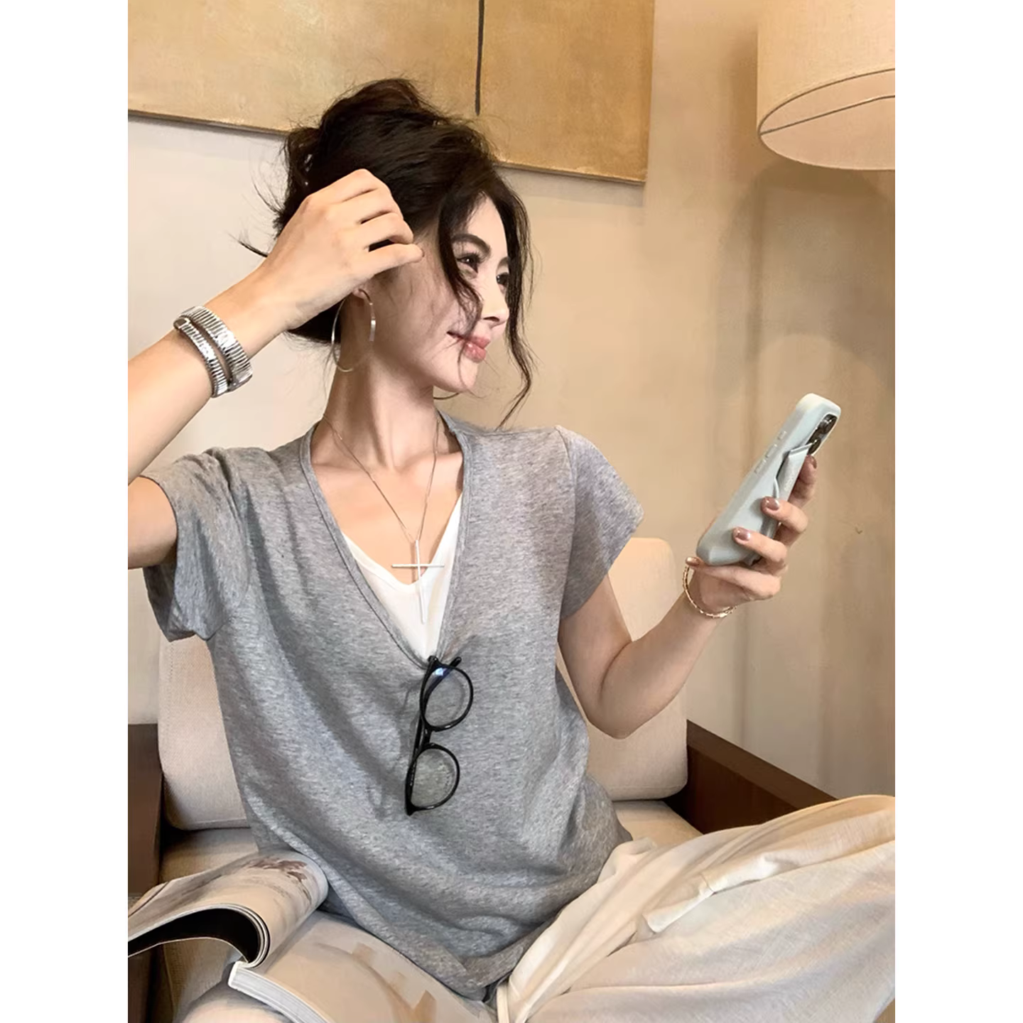 假两件V领短袖T恤女2026新款夏季胖mm大尺码宽松慵懒松弛感穿详情图